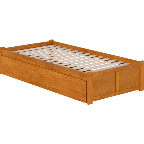 Concord Twin XL Platform Bed with Footboard & 2 Drawers in Light Toffee Finish Wood