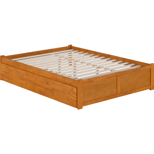 Concord Queen Platform Bed with Footboard & Twin XL Trundle in Light Toffee Finish Wood