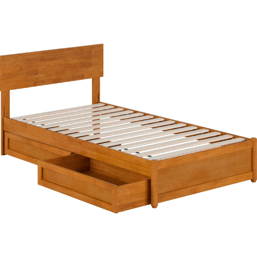 Wesley Twin Platform Bed w/ Panel Footboard, Drawers & Charging in Light Toffee