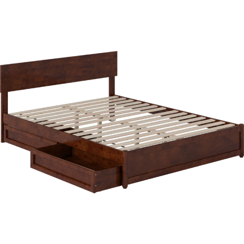 Wesley Queen Platform Bed with Panel Footboard, Drawers & Charging in Walnut Finish