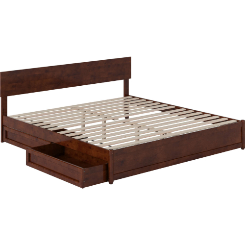 Wesley King Platform Bed w/ Panel Footboard, Drawers & Charging in Walnut Finish