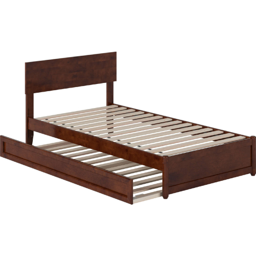 Wesley Twin Platform Bed w/ Panel Footboard, Twin Trundle & Charging in Walnut Finish