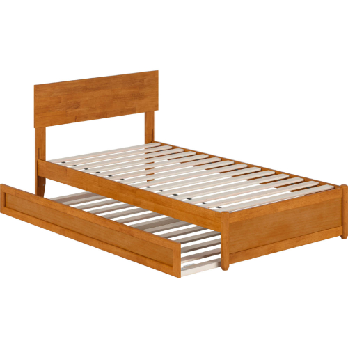 Wesley Twin Platform Bed w/ Panel Footboard, Twin Trundle & Charging in Light Toffee