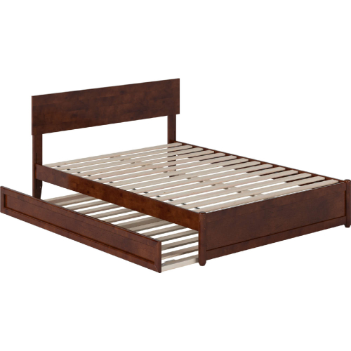 Wesley Full Platform Bed w/ Panel Footboard, Twin Trundle & Charging in Walnut Finish