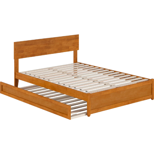 Wesley Full Platform Bed w/ Panel Footboard, Twin Trundle & Charging in Light Toffee