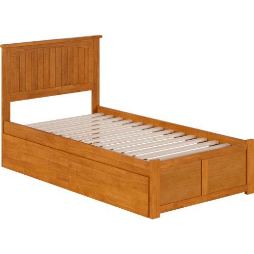 Nantucket Twin Platform Bed with Footboard, 2 Drawers & Charging in Light Toffee