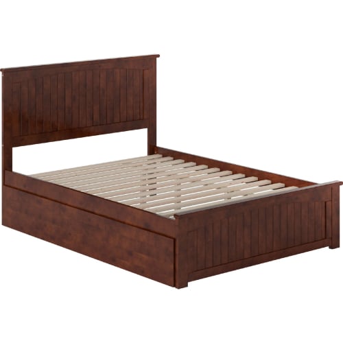 Nantucket Full Platform Bed with Footboard, Twin Trundle & Charging in Walnut