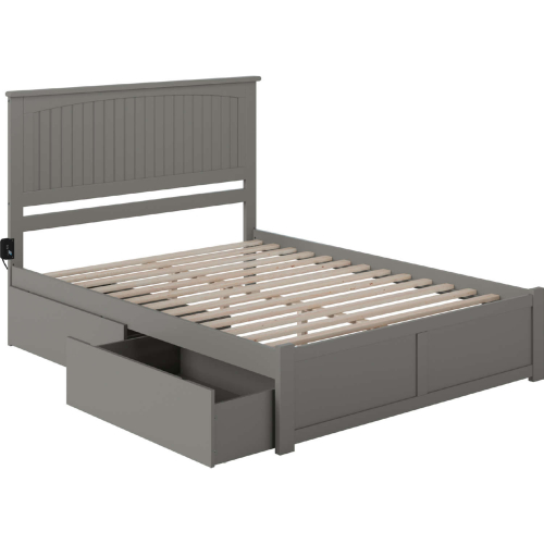 Nantucket Queen Platform Bed w/ Flat Footboard & 2 Bed Drawers in Atlantic Grey