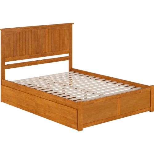 Nantucket Queen Platform Bed with Footboard, 2 Drawers & Charging in Light Toffee