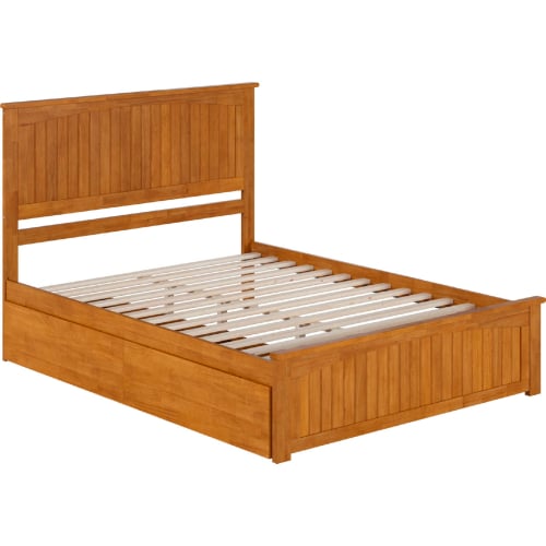 Nantucket Queen Platform Bed w/ Footboard, 2 Drawers & Charging in Light Toffee