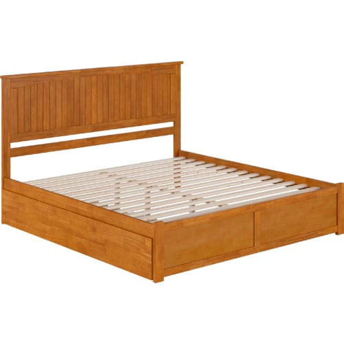 Nantucket King Platform Bed w/ Footboard, Twin XL Trundle & Charging in Light Toffee