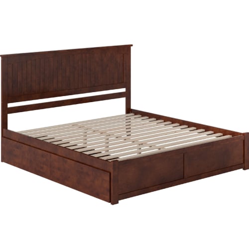 Nantucket King Platform Bed w/ Footboard, 2 Drawers & Charging in Walnut