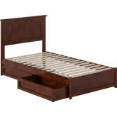 Malta Twin Platform Bed w/ Panel Footboard, Drawers & Charging in Walnut Finish