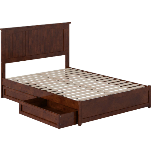 Malta Full Platform Bed w/ Panel Footboard, Drawers & Charging in Walnut Finish