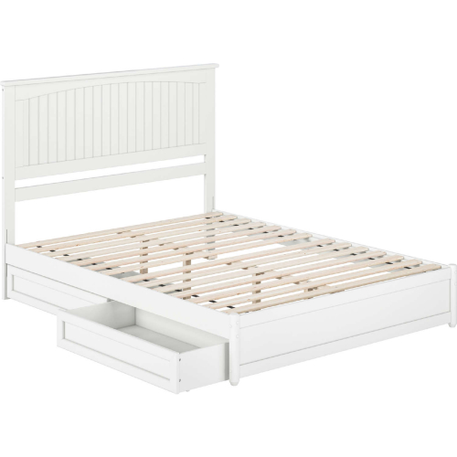 Malta Queen Platform Bed with Panel Footboard, Drawers & Charging in White