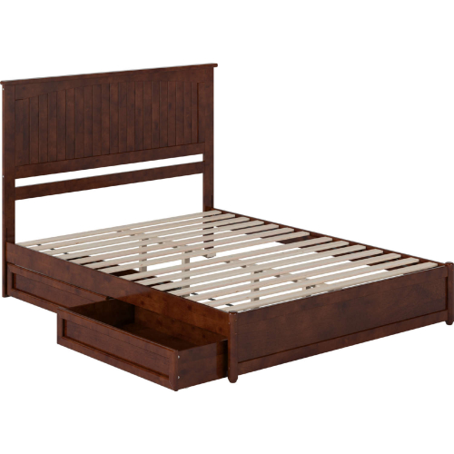 Malta Queen Platform Bed w/ Panel Footboard, Drawers & Charging in Walnut Finish