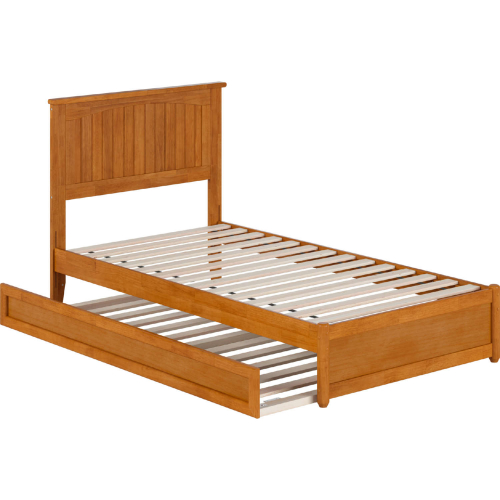 Malta Twin Platform Bed w/ Panel Footboard, Twin Trundle & Charging in Light Toffee