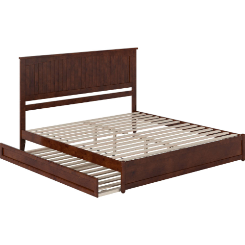 Malta King Platform Bed w/ Panel Footboard, Twin XL Trundle & Charging in Walnut Finish