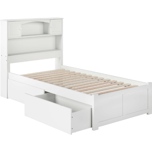 Newport Twin XL Bed w/ Flat Panel Footboard & 2 Under Bed Drawers in White