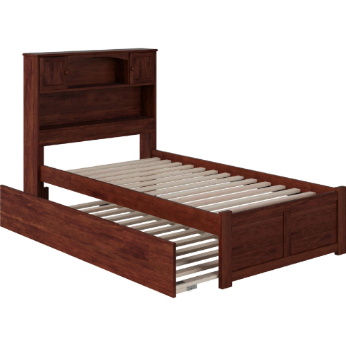 Newport Bookcase Bed Twin w/ Flat Panel Footboard & Urban Trundle in Antique Walnut