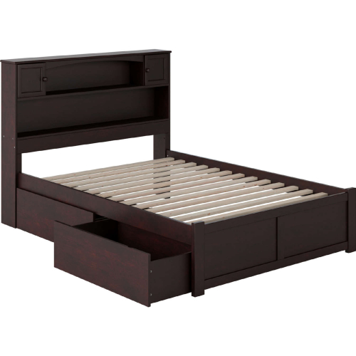 Newport Bookcase Full Bed with Flat Panel Footboard & 2 Urban Bed Drawers in Espresso