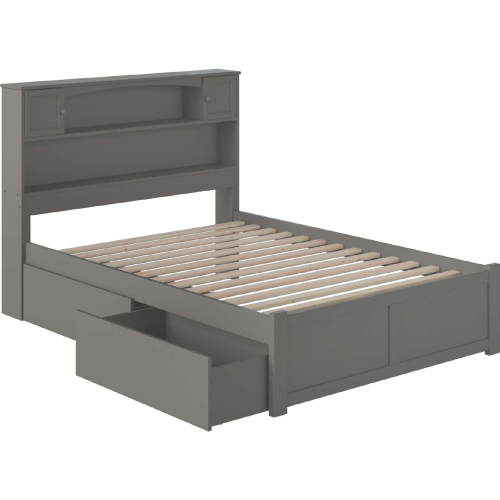 Newport Bookcase Full Bed w/ Flat Footboard & 2 Under Bed Drawers in Atlantic Grey