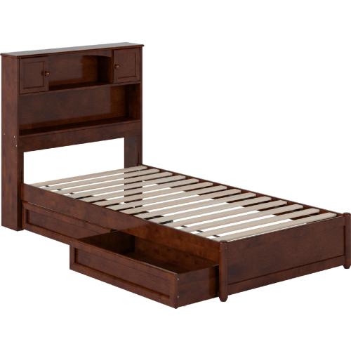 Hadley Twin XL Platform Bed w/ Panel Footboard, Drawers & Charging in Walnut Finish