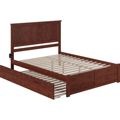 Madison Queen Platform Bed, Footboard, Turbo Charger & Twin XL Trundle in Walnut