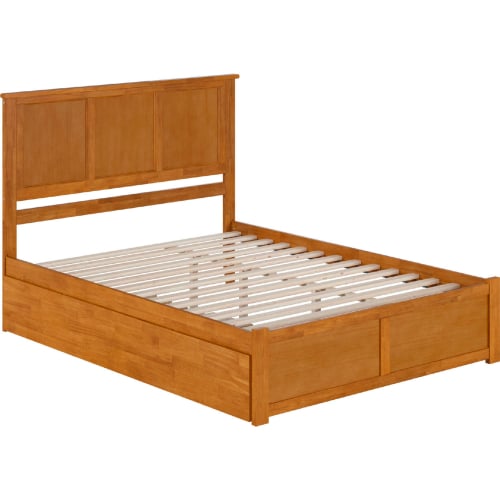 Madison Queen Platform Bed w/ Footboard & Twin XL Trundle in Light Toffee