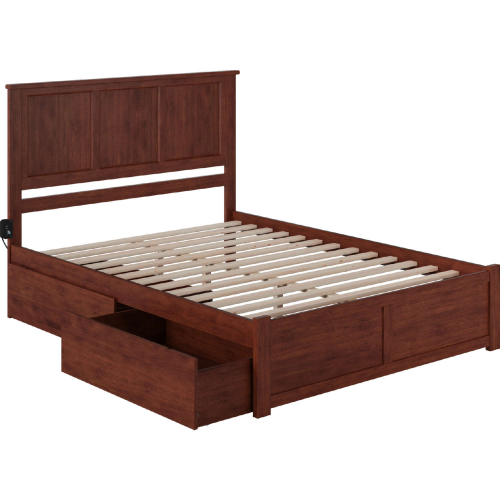 Madison Queen Bed w/ Flat Panel Footboard & 2 Urban Bed Drawers in Antique Walnut