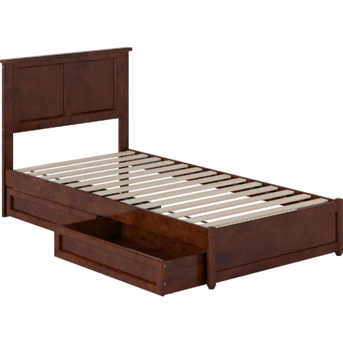 Felicity Twin XL Platform Bed w/ Panel Footboard, Drawers & Charging in Walnut Finish