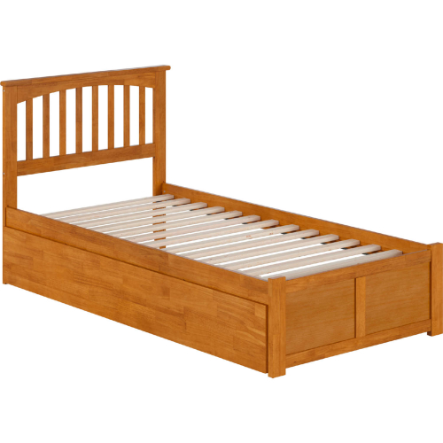 Mission Twin XL Platform Bed w/ Footboard, Twin XL Trundle & Charging in Light Toffee