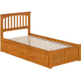 Mission Twin XL Platform Bed w/ Footboard, Twin XL Trundle & Charging in Light Toffee