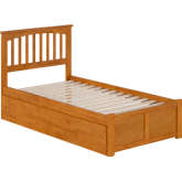 Mission Twin Platform Bed w/ Footboard, Twin Trundle & Charging in Light Toffee