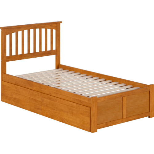 Mission Twin Platform Bed w/ Footboard, 2 Drawers & Charging in Light Toffee