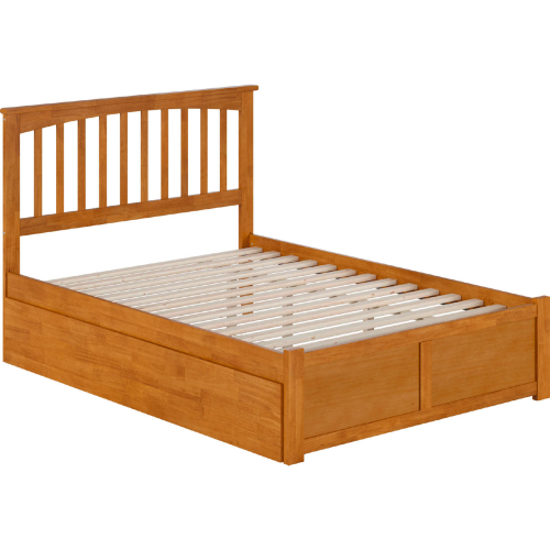 Mission Full Platform Bed w/ Footboard, Twin Trundle & Charging in Light Toffee