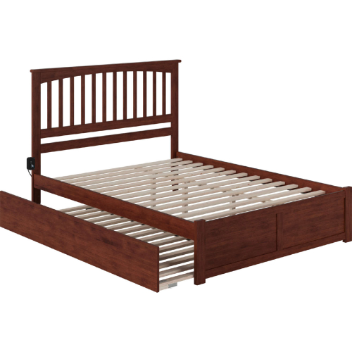 Mission Queen Platform Bed, Footboard, Turbo Charger & Twin XL Trundle in Walnut