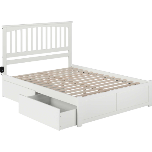 Mission Queen Bed with Flat Panel Footboard & 2 Urban Bed Drawers in White