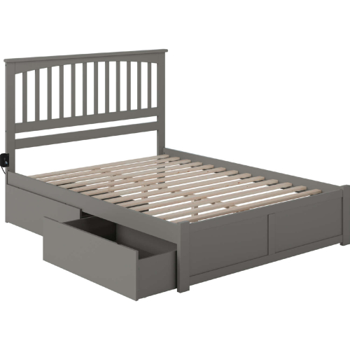 Mission Queen Bed w/ Flat Panel Footboard & 2 Under Bed Drawers in Atlantic Grey