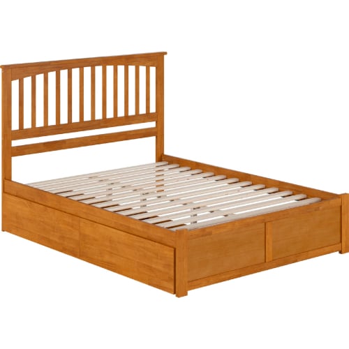 Mission Queen Platform Bed w/ Footboard, 2 Drawers & Charging in Light Toffee