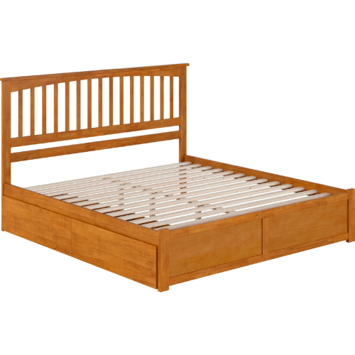 Mission King Platform Bed with Footboard, 2 Drawers & Charging in Light Toffee