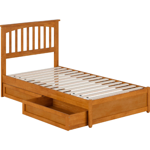 Everett Twin Platform Bed with Panel Footboard, Drawers & Charging in Light Toffee