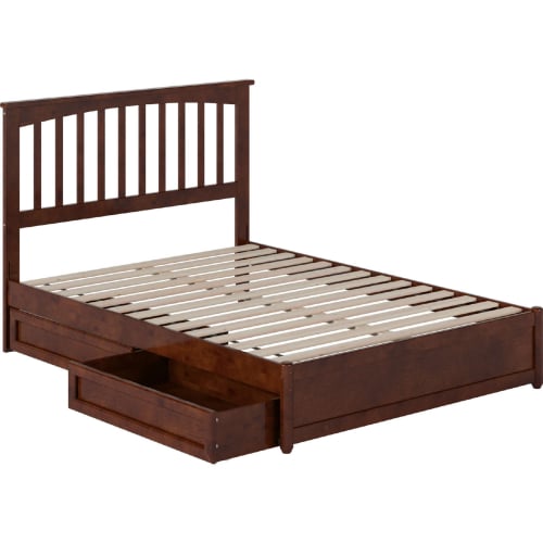 Everett Full Platform Bed with Panel Footboard, Drawers & Charging in Walnut Finish