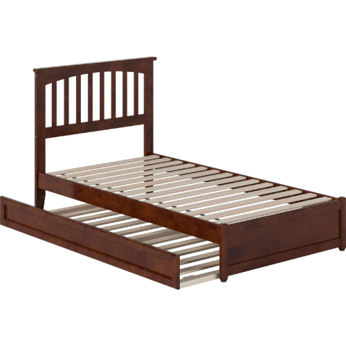 Everett Twin Platform Bed w/ Panel Footboard, Twin Trundle & Charging in Walnut Finish