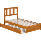 Everett Twin Platform Bed with Panel Footboard, Twin Trundle & Charging in Light Toffee