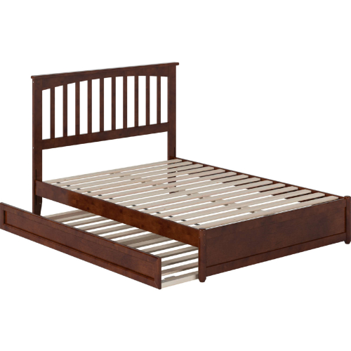 Everett Full Platform Bed w/ Panel Footboard, Twin Trundle & Charging in Walnut Finish