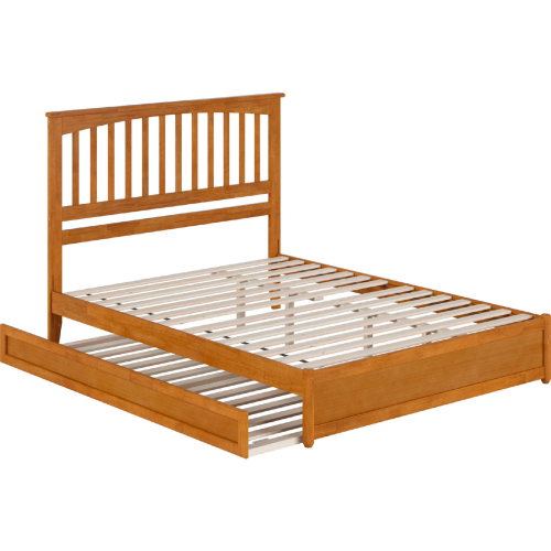 Everett Queen Platform Bed w/ Panel Footboard, Twin XL Trundle & Charging in Light Toffee