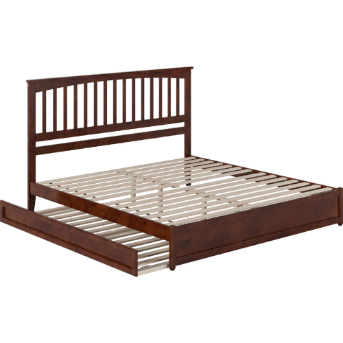 Everett King Platform Bed with Panel Footboard, Twin XL Trundle & Charging in Walnut Finish