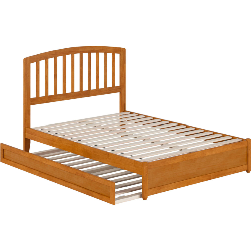 Lucia Full Platform Bed w/ Panel Footboard, Twin Trundle & Charging in Light Toffee