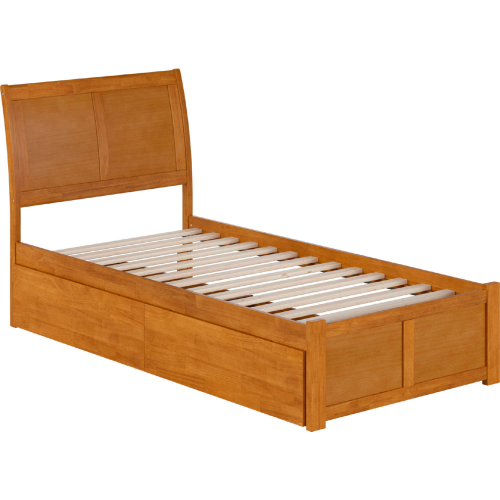 Portland Twin XL Platform Bed w/ Footboard, 2 Drawers & Charging in Light Toffee